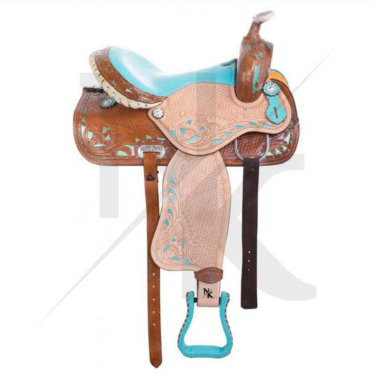 Premium Western Leather Saddle with Turquoise Trim and Brass Fittings for Off-Road Riding Gear