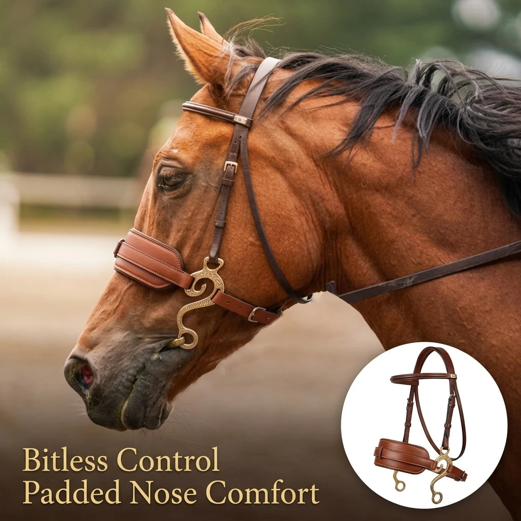 Horse Bitless Bridle Mechanical Hackamore Leather Padded Noseband Adjustable Equestrian Riding Tack for Training Western English