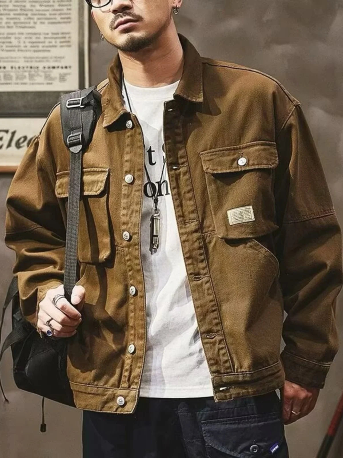 Retro American Denim Jacket Men's Loose with Big Pockets Welder Workwear Wear Resistant Workwear Youth Outerwear Jacket