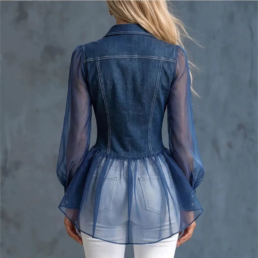 New Spring Autumn Sheer Organza Sleeve Imitation Denim Blouse Women Lapel Pocket Decor Flared Hem Slim Shirt Daily Commuter Wear