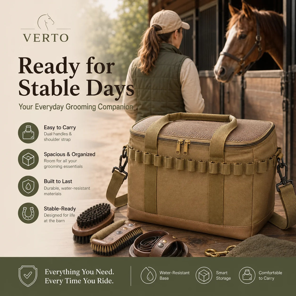 Premium Horse Grooming Bag with Brush Set Equestrian Tack Organizer Durable Storage Case for Stable Gear