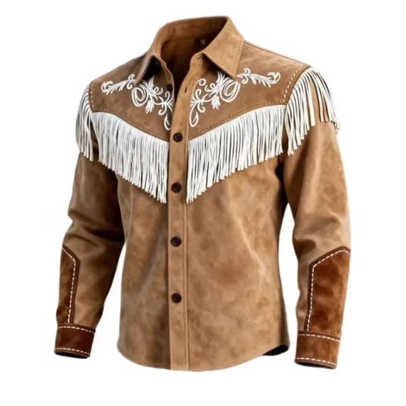 Cowboy Tee Shirts For Men Fashion Vintage Suede Fringe Jacket Long Sleeve Button Design Casual Party Wear Popular Tops For Man