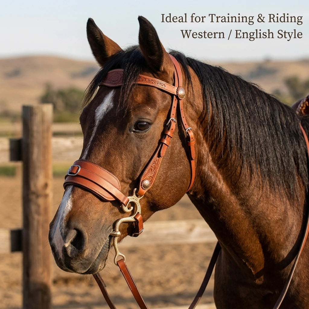 Horse Bitless Bridle Mechanical Hackamore Leather Padded Noseband Adjustable Equestrian Riding Tack for Training Western English