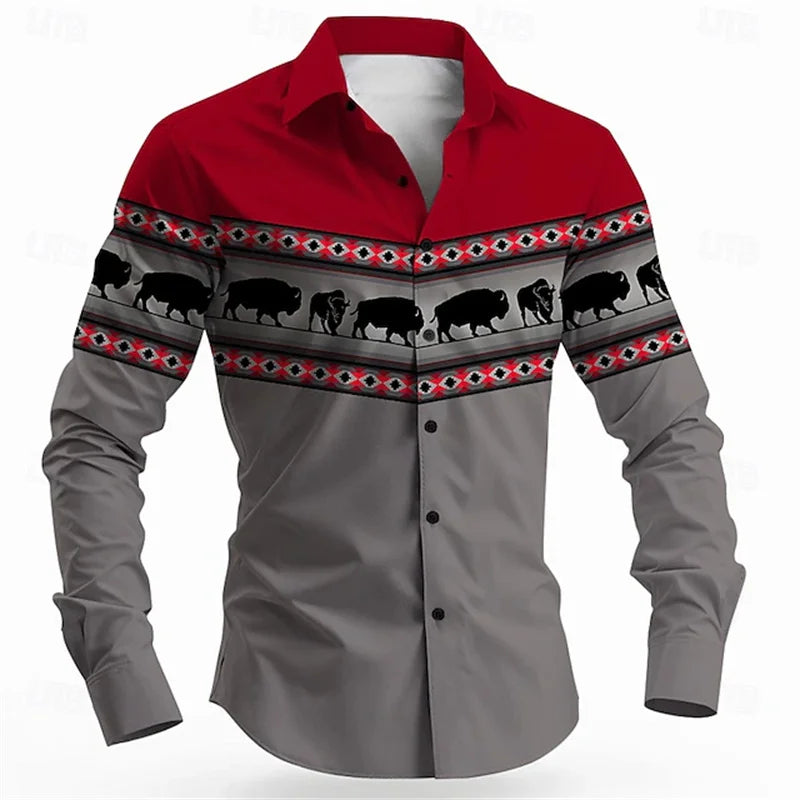 Men's Long-Sleeved Shirt, Western Ethnic Style Geometric Pattern Printed Shirt, Vintage Long-Sleeved Lapel Shirt for Men.