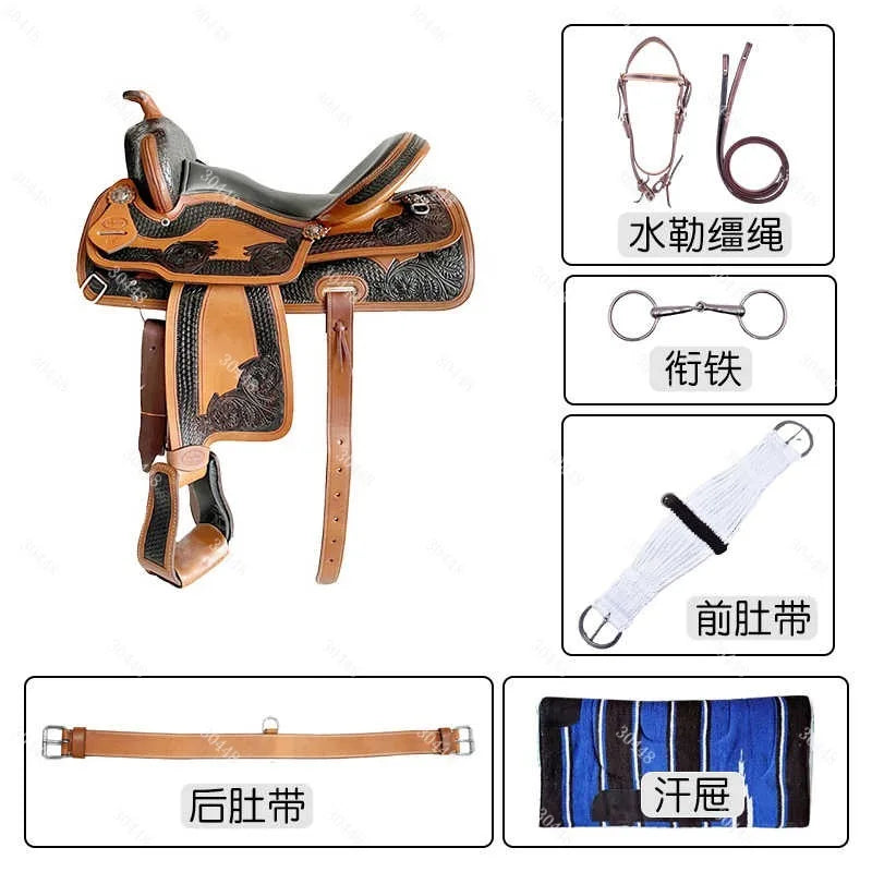 Western Saddle Full Set Equestrian Gear Leather Carved Horse Riding Equipment Western Horse Saddle