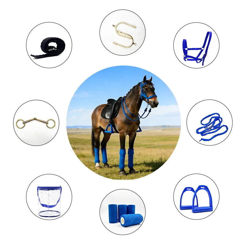 8 Pcs Pro Horse Tack 8Pcs Set – Bridle, Bit, Spurs, Stirrups, Leg Wraps, Lead Rope, Storage Bag, 3 Colors, Riding Training Gear