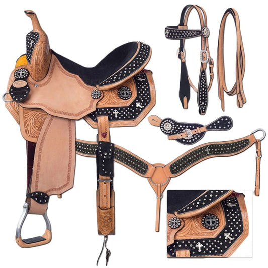 Premium Leather Western Barrel Racing Saddle For Horse With Tack Set Size 10 To 18