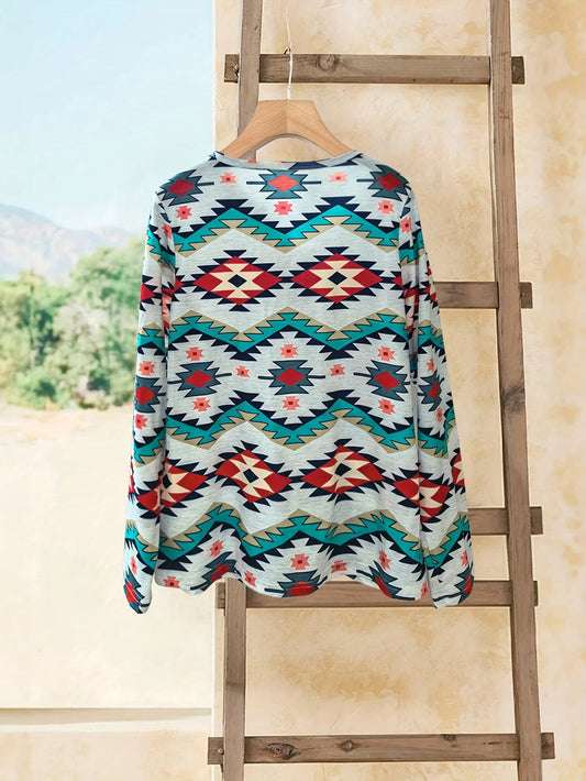 Women's Ethnic Print V-Neck T-Shirt Western-Style Loose-Fit Long-Sleeve Retro Top for Casual Wear