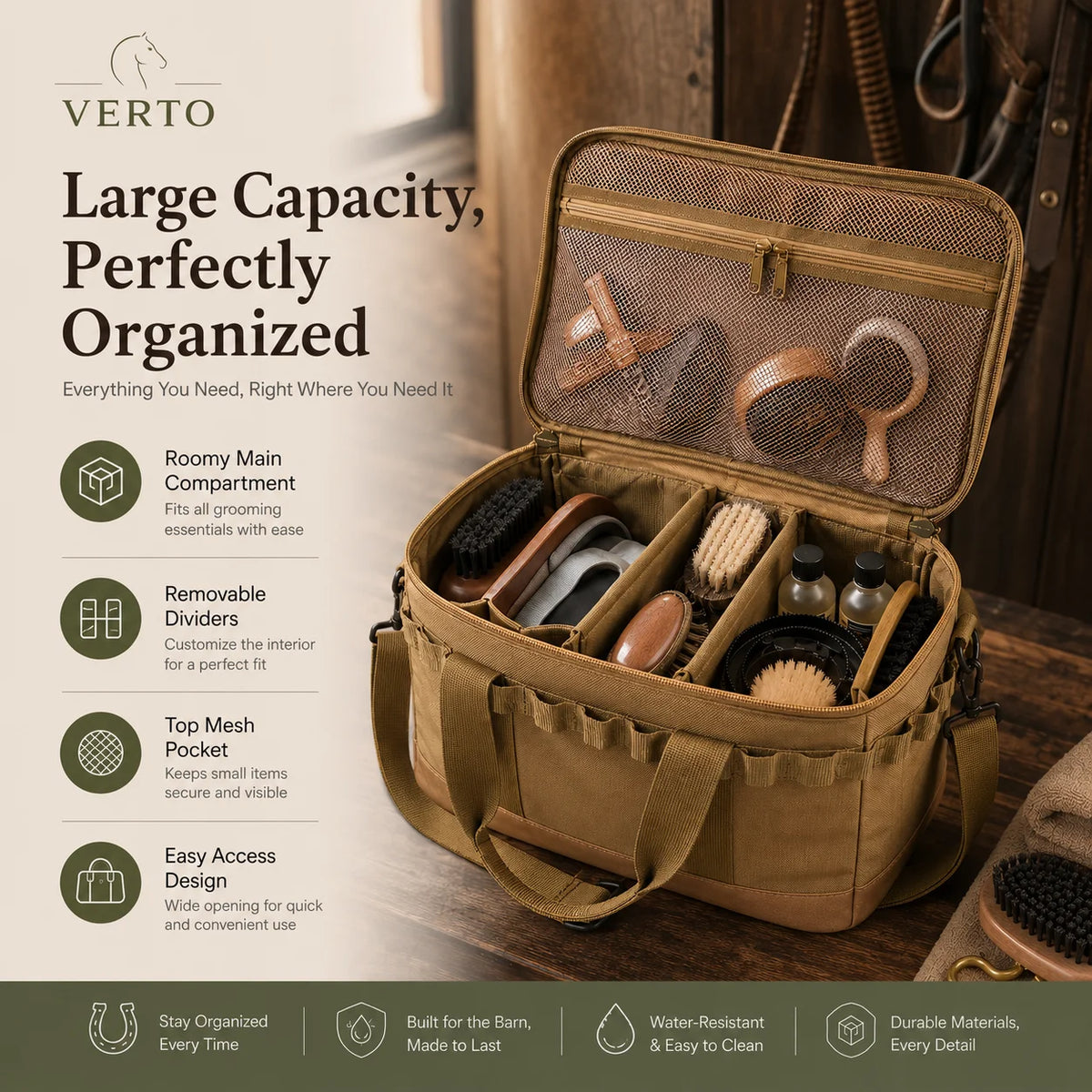 Premium Horse Grooming Bag with Brush Set Equestrian Tack Organizer Durable Storage Case for Stable Gear