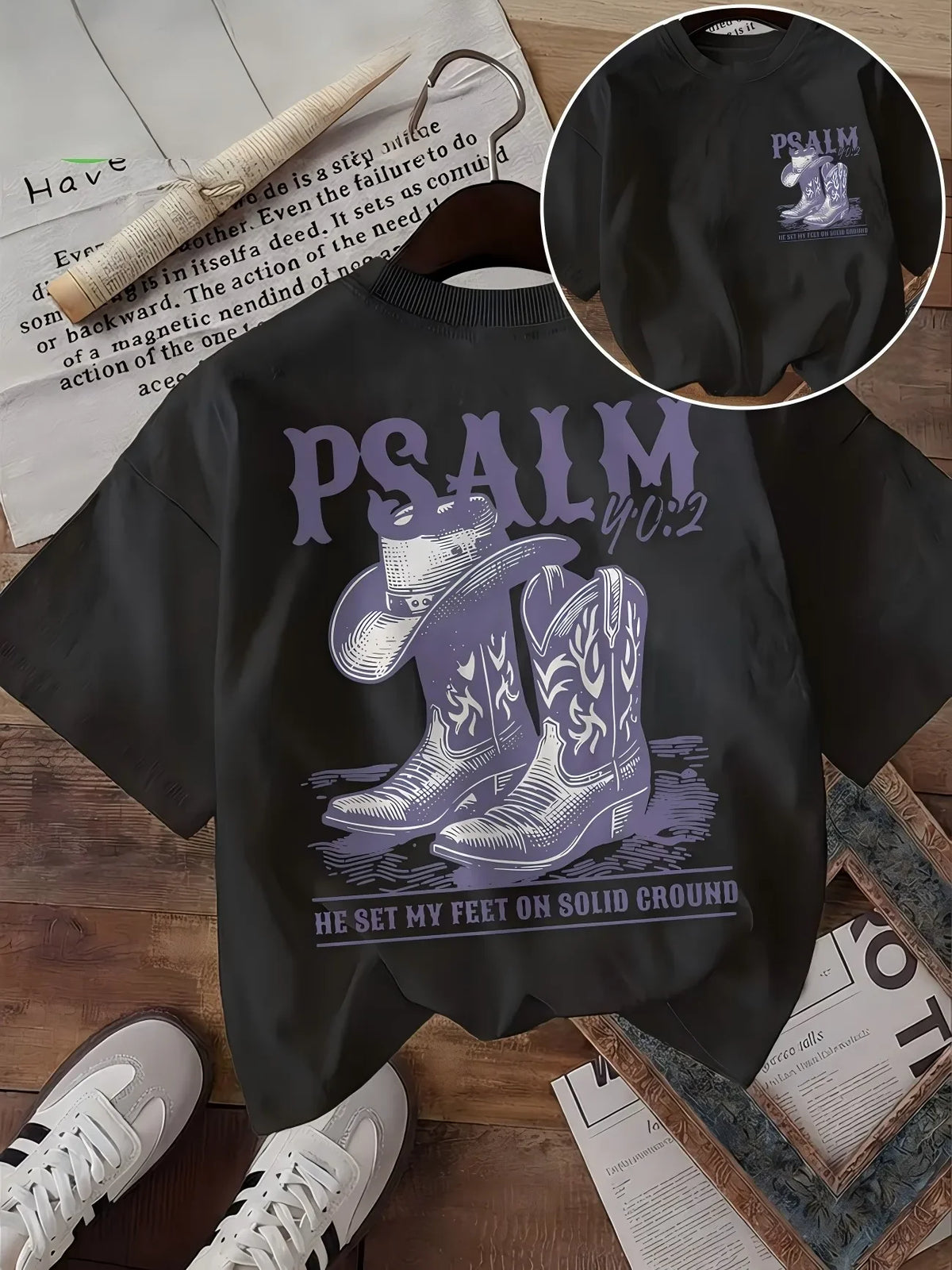 Christian Bible Verse Psalm 40:2 Cowboy Boots T Shirt Vintage Western Graphic Tees Women Summer Loose Casual Short Sleeve Tops