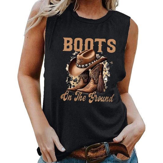 Western Cowgirl Tank Cowboy Boots & Hat Graphic Tops Leopard Cowgirl Summer Outfit Sleeveless Tshirt Casual Women's Wear