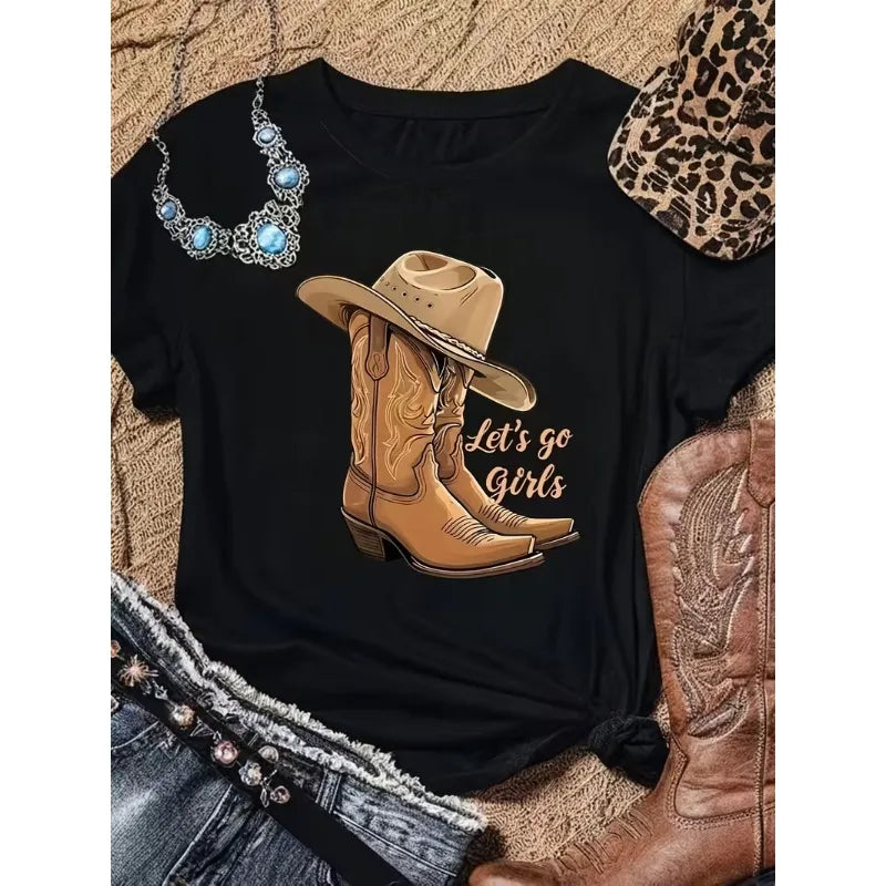Western Cowboy Letter Graphic T-Shirt Women’s Casual Crew Neck Short Sleeve Tee Cowboy Boots Hat Print for Western Themed Wear