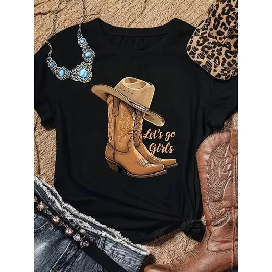 Western Cowboy Letter Graphic T-Shirt Women’s Casual Crew Neck Short Sleeve Tee Cowboy Boots Hat Print for Western Themed Wear