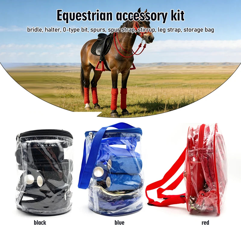 8 Pcs Pro Horse Tack 8Pcs Set – Bridle, Bit, Spurs, Stirrups, Leg Wraps, Lead Rope, Storage Bag, 3 Colors, Riding Training Gear