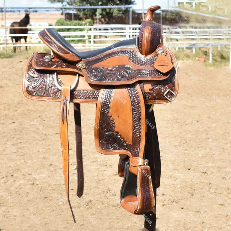 Western Saddle Full Set Equestrian Gear Leather Carved Horse Riding Equipment Western Horse Saddle
