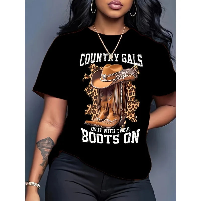 Western Cowboy Hat and Boot Pattern Women's T-shirt Fashionable Casual Short Sleeved Daily Street Round Neck Oversized Women Top