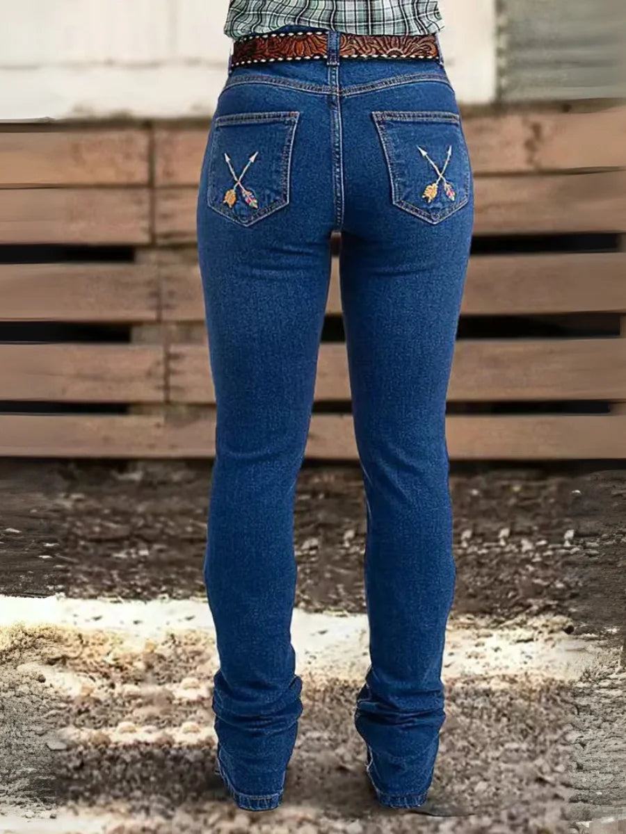 【HME】Jeans | Women Western Denim Pants, Colorful Ethnic Arrow & Feather Embroidery Denim, High‑Rise Flared Bootcut Design, Deep‑Blue Washed Stretch Pants For Cowgirl Ranch & Country‑Style Wear