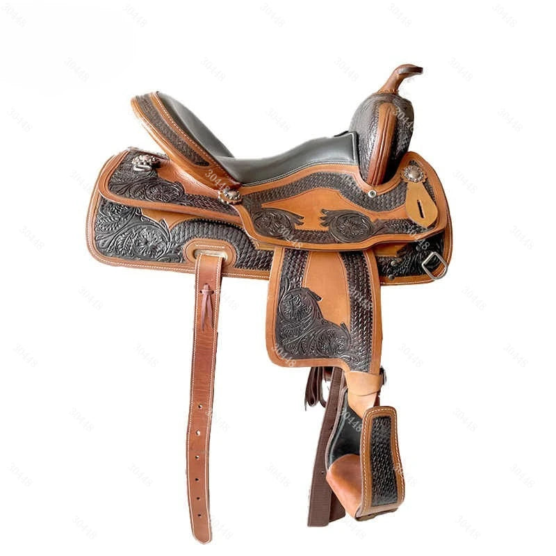Western Saddle Full Set Equestrian Gear Leather Carved Horse Riding Equipment Western Horse Saddle
