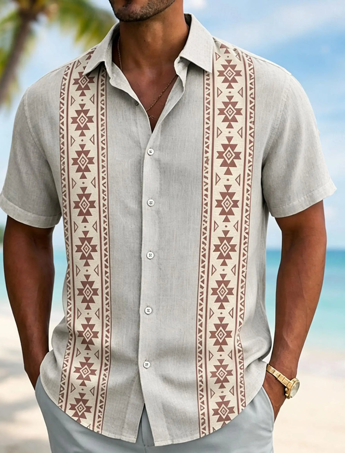 Men's Aztec Geometric Print Short Sleeve Shirt, Western Ethnic Style, Casual Summer Beach Button-Down