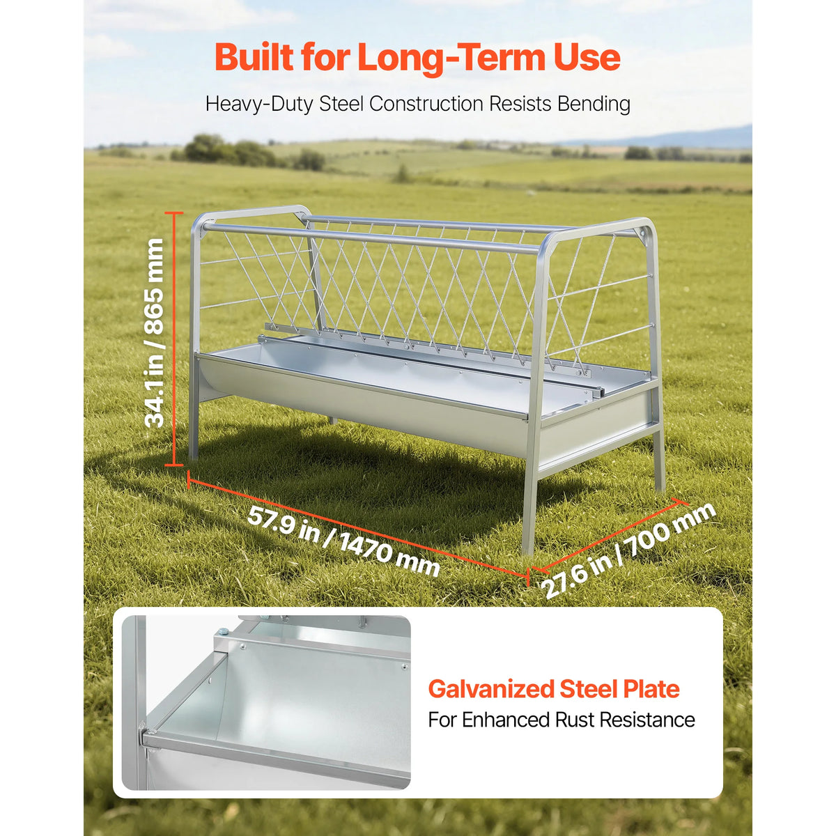 SucceBuy Livestock Hay Feeder 2 in 1 80-Gal Capacity 57.9" Long Goat Pasture Feeding Deeper Feeding Pan for Sheep Sheds Farms