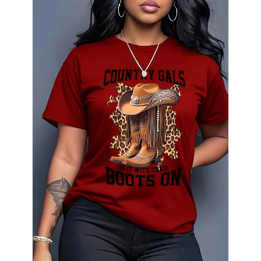 Western Cowboy Hat and Boot Pattern Women's T-shirt Fashionable Casual Short Sleeved Daily Street Round Neck Oversized Women Top
