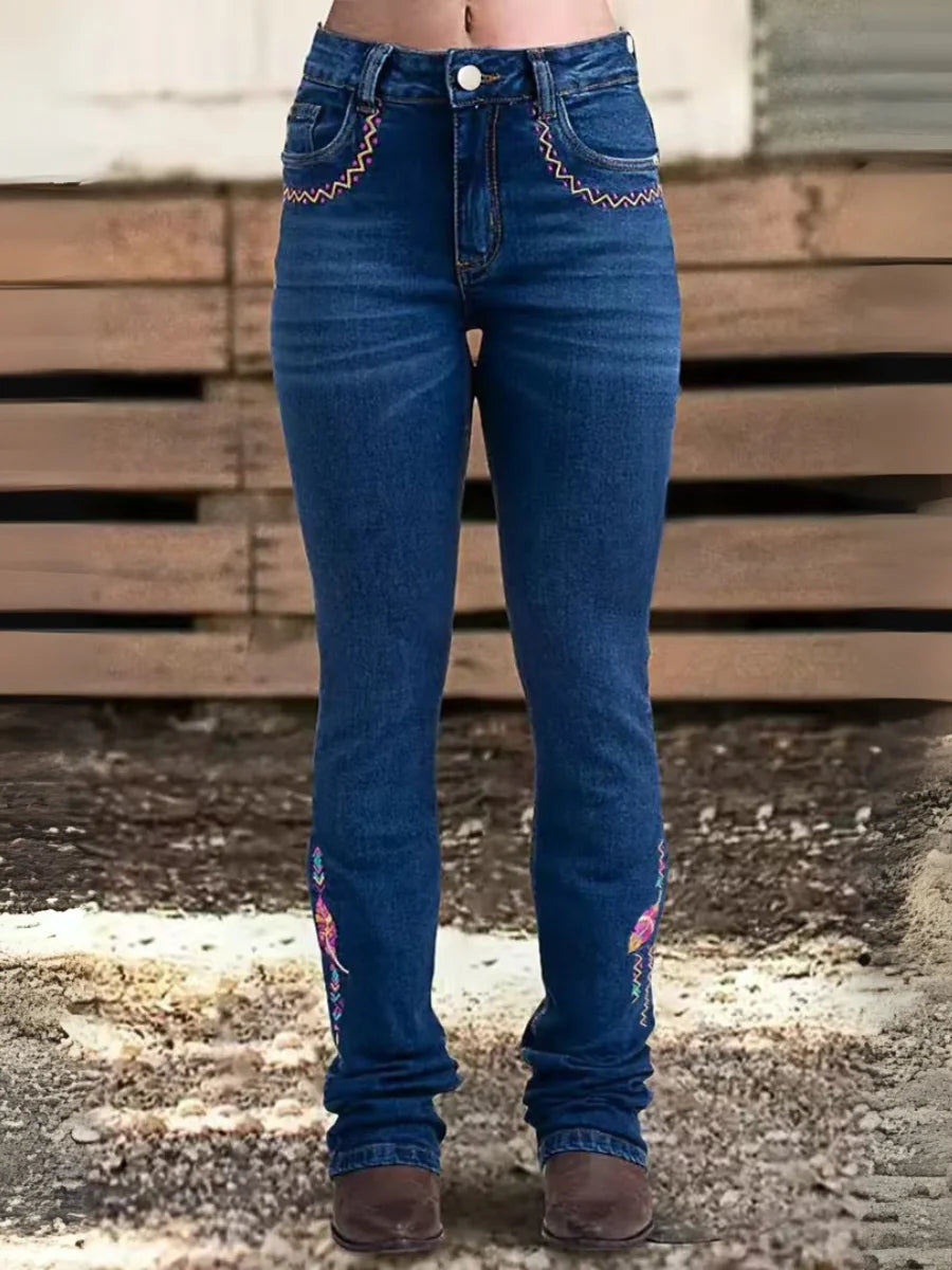 【HME】Jeans | Women Western Denim Pants, Colorful Ethnic Arrow & Feather Embroidery Denim, High‑Rise Flared Bootcut Design, Deep‑Blue Washed Stretch Pants For Cowgirl Ranch & Country‑Style Wear